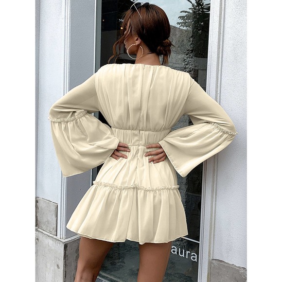 Plunging v Neck Frill Ruffle Hem long sleeve Chiffon mini Dress white - Picture 3 of 11